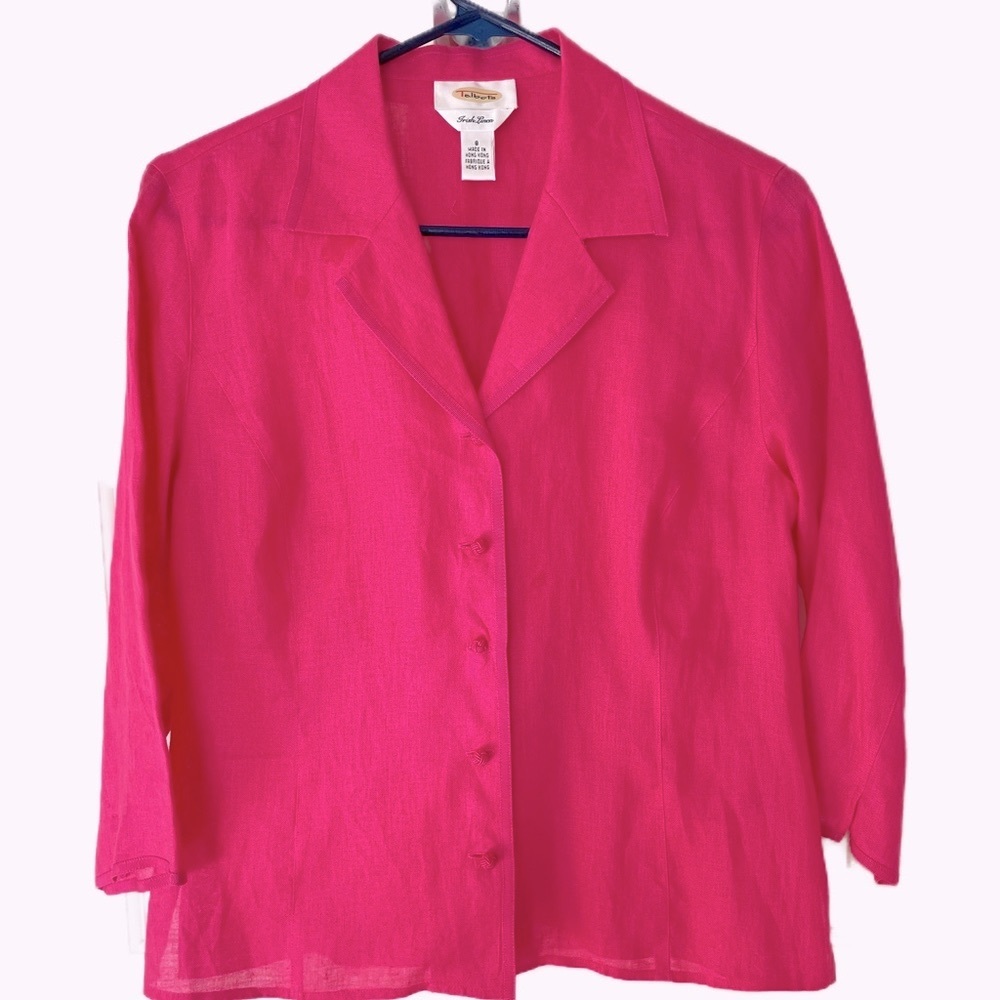 Women’s TALBOTS Irish Linen Blazer Size 8 Pink Button Front Ribbon Edging P14